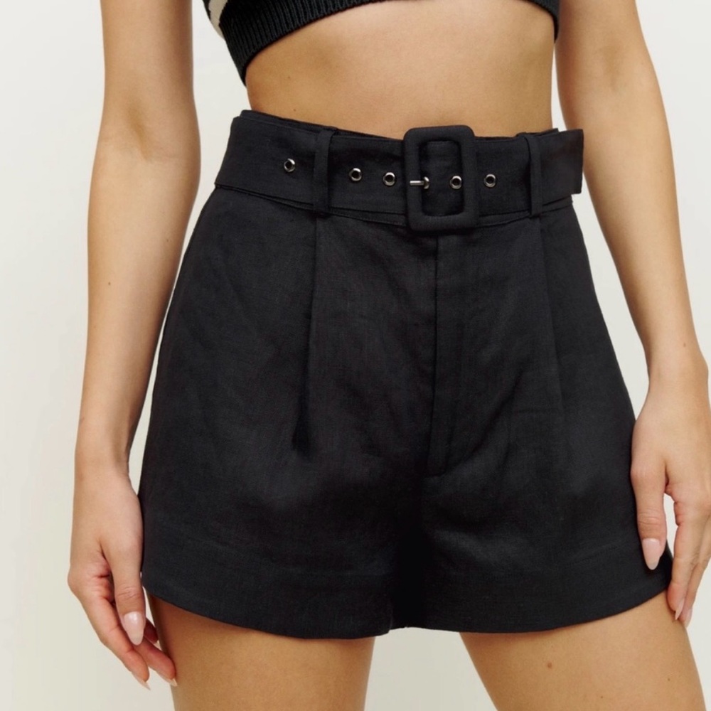 Reformation Arden Black Linen Belted Shorts